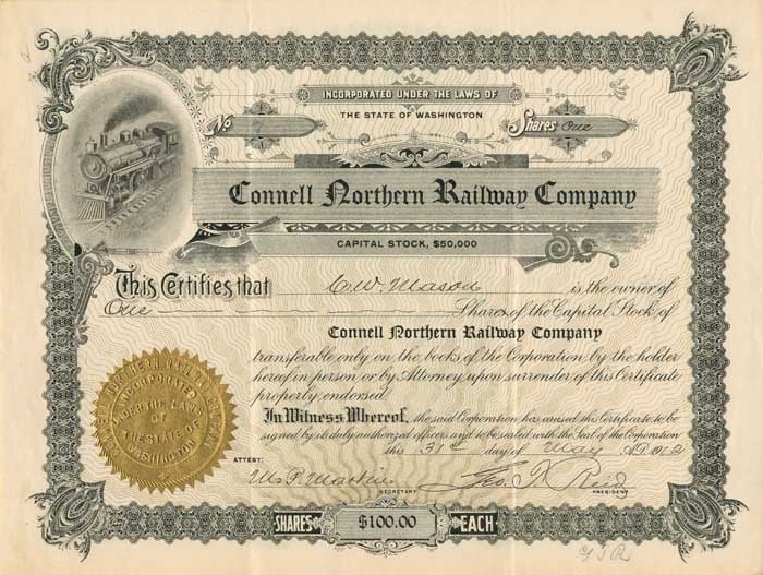 Connell Northern Railway Co. - Stock Certificate (Uncanceled)